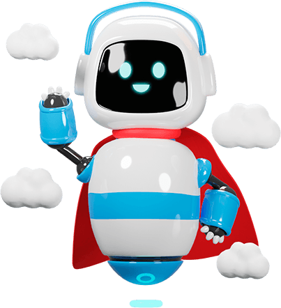 Image de um robô branco mascote do projeto de robótica com uma listra azul na barriga acenando. há nuvens flutuando em volta do robo, que por sua vez também está flutuando